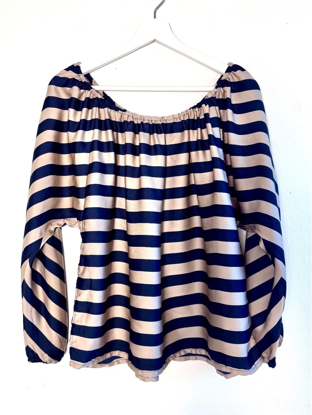Striped satin blouse navy beige on/off the shoulder size L